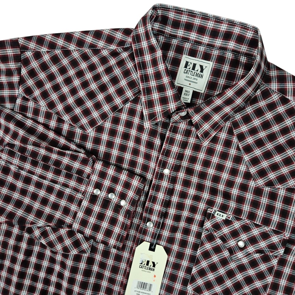 Ely Cattleman Men's XXLT Red Plaid Western Pearl Snap Shirt Cowboy Workwear Tall